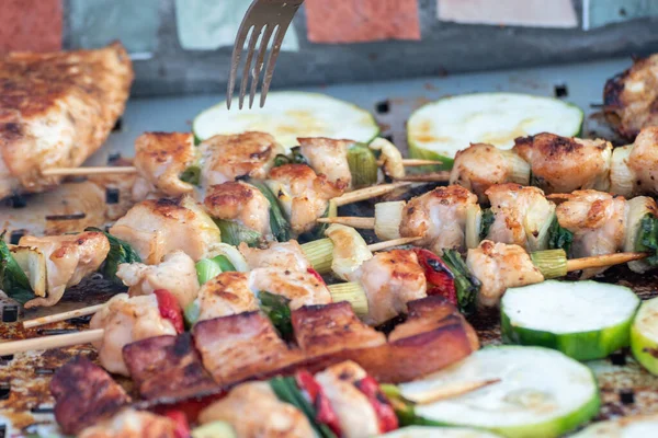 Chicken Breast Pork Meat Pulled Wooden Skewer Fresh Colorful Tasty — Φωτογραφία Αρχείου