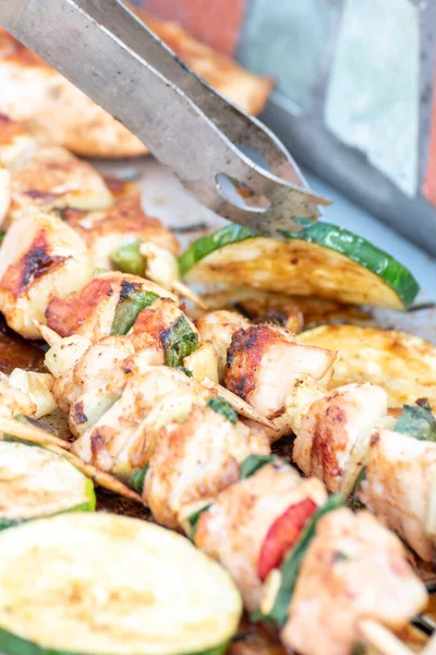 Chicken Breast Pork Meat Pulled Wooden Skewer Fresh Colorful Tasty — Φωτογραφία Αρχείου