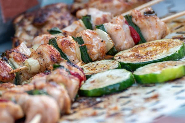 Chicken Breast Pork Meat Pulled Wooden Skewer Fresh Colorful Tasty — Φωτογραφία Αρχείου