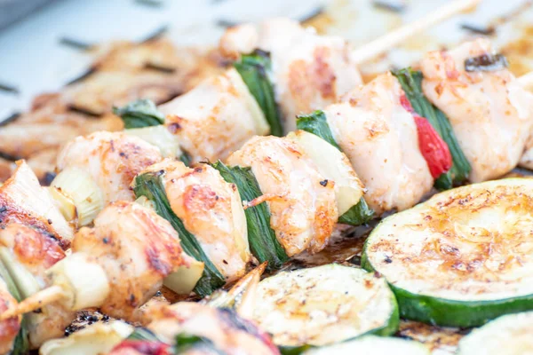 Chicken Breast Pork Meat Pulled Wooden Skewer Fresh Colorful Tasty — Φωτογραφία Αρχείου