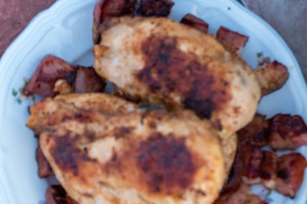 Pechuga Pollo Carne Cerdo Tirada Pincho Madera Con Verduras Frescas — Foto de Stock