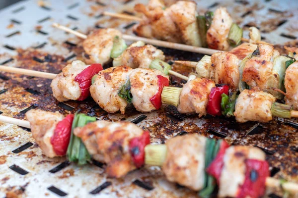 Chicken Breast Pork Meat Pulled Wooden Skewer Fresh Colorful Tasty — Φωτογραφία Αρχείου