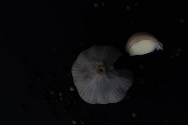 Close-up macro shot of a garlic in a dark background surrounded by peppercorns