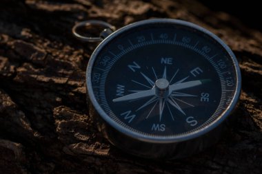 Close up shot of a silver metal compass always pointing it's needle towards North
