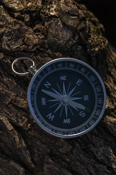Gümüş metal bir pusulayı yakından çek. Her zaman iğnesini kuzeye doğru tutar.