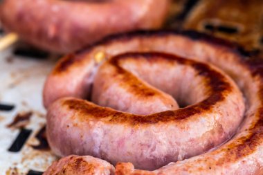 Close up shot of rolled up sausages on skewer placed over barbeque