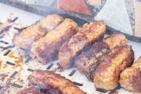 Traditional Romanian Food Called Mici Which Consist Pork Meat Rolls — Stock Fotó