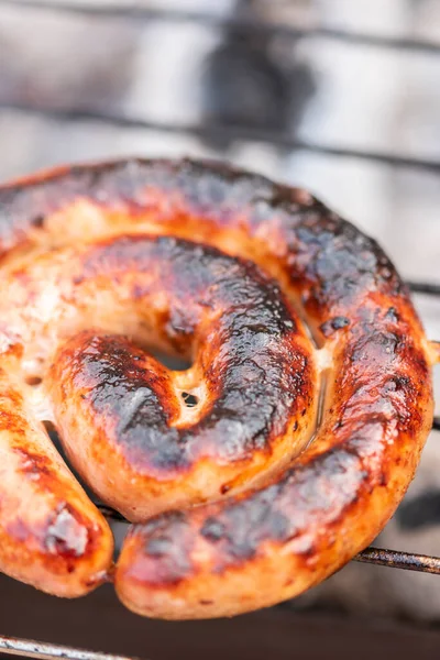 Close Shot Rolled Sausages Skewer Placed Barbeque — Stock fotografie