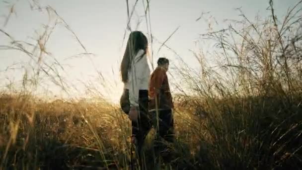 Par njuter av varandra i ett fält vid solnedgången — Stockvideo