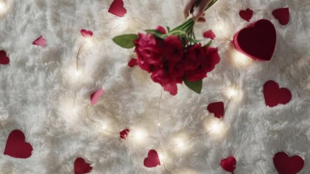 Rose rosse per il giorno di San Valentino con sfondo cuori rossi — Video Stock