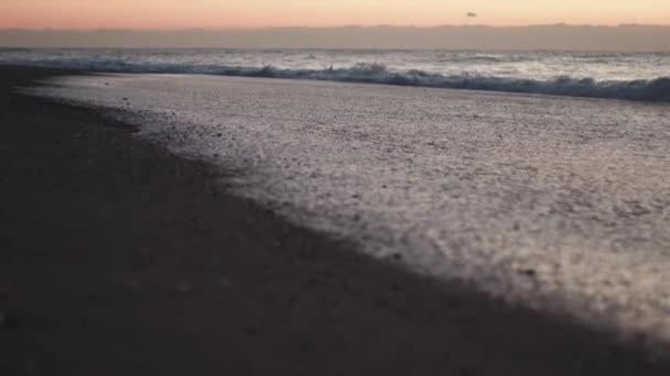 Ocean foam on sandy beach on early morning — Stock Video