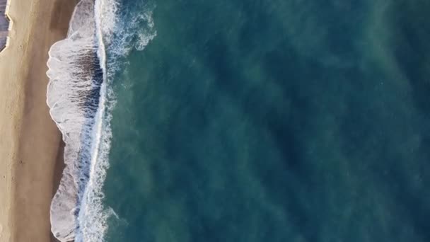 Bird view of ocean waves crashing into sandy beach — Stock Video