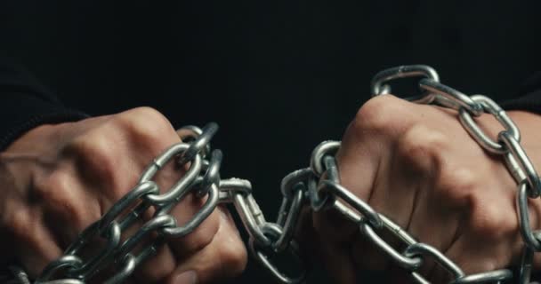 Close up of Hands Hold Iron Chain — Stock Video