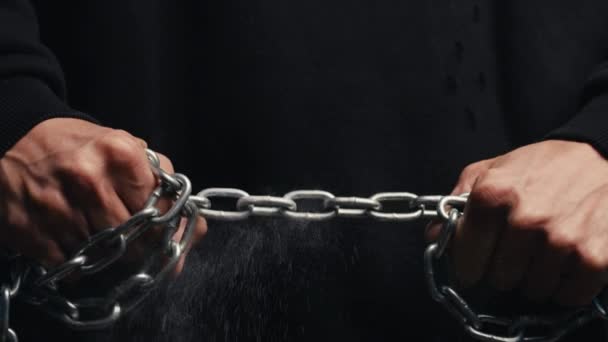 Close up of Hands Hold Iron Chain — Stock Video