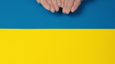 Ukrayna bayrağı renginde bir barış yazısı tutan adam.