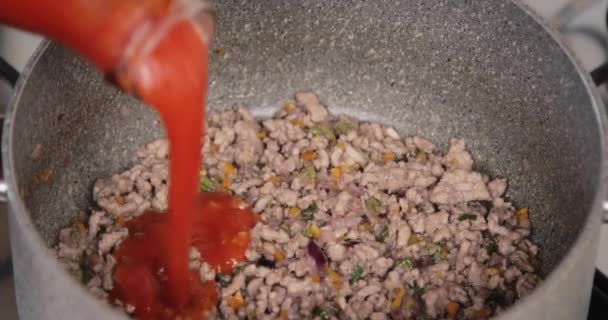 Close up of homemade preparation of bolognese sauce — Stock Video