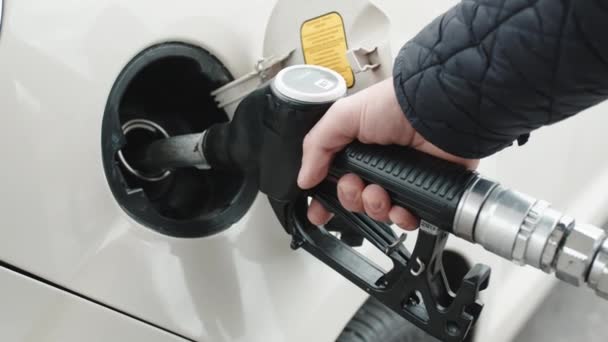 Hand zet dieselpomp in auto — Stockvideo