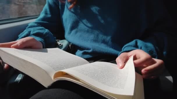 Close up del libro di lettura ragazza sul treno — Video Stock