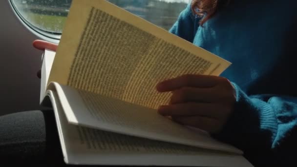 Primer plano del libro de lectura de chica en tren — Vídeos de Stock