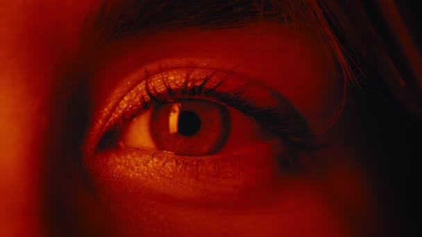 Close up of stunning female blue eyes with red light — Stock Video
