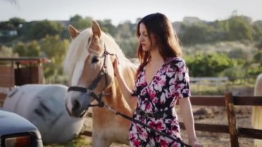 Kahverengi atlı kadın dışarıda. 