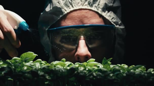 Bilim Adamlarına Yakın Plan Yeşil Tohumu Sula — Stok video