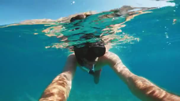 Selfie Při Šnorchlování Potápění Zdarma Pod Vodou — Stock video