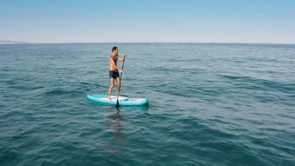 Aerial View Man Paddle Sup Board Ocean — Video