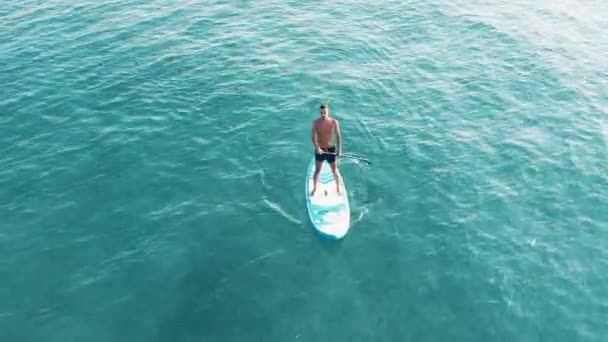 Luftaufnahme Eines Mannes Auf Einem Paddelbrett Ozean — Stockvideo