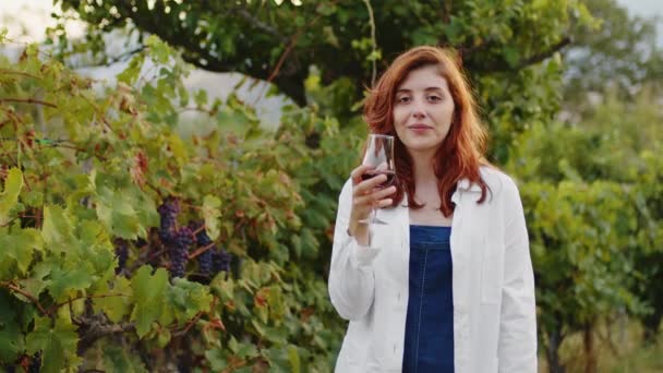 Girl White Coat Checks Quality Grapes Vineyard — Stockvideo