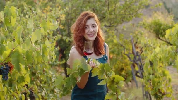 Close Happy Girl Glass Vineyard — Vídeo de stock