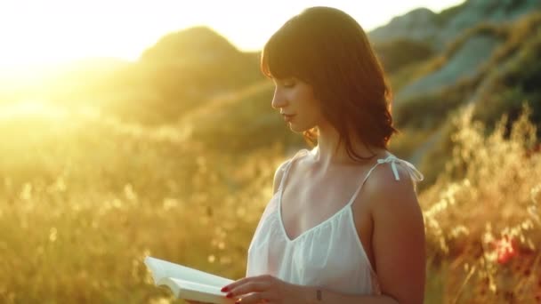 Γυναίκα Διαβάζει Ένα Βιβλίο Υπαίθρια Στο Ηλιοβασίλεμα — Αρχείο Βίντεο
