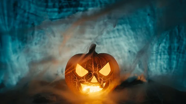 Nahaufnahme Von Halloween Kürbis Die Dunkelheit — Stockfoto