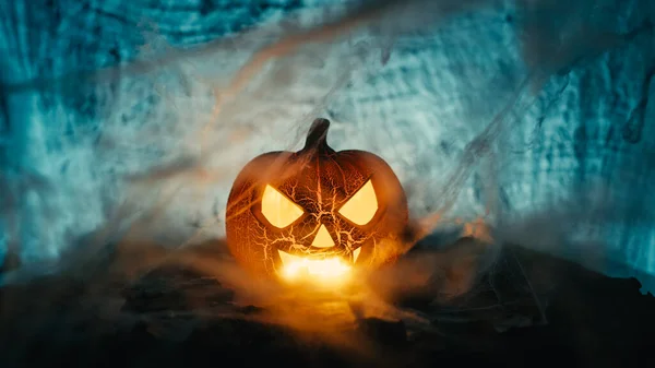 Nahaufnahme Von Halloween Kürbis Die Dunkelheit — Stockfoto