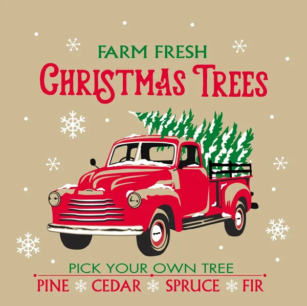 Christmas Vintage Red Truck Pattern Christmas Tree Christmas Vector Design — Vetor de Stock