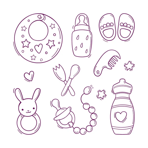 Hand drawn black and white set of toys and accessories for baby — Stock Vector