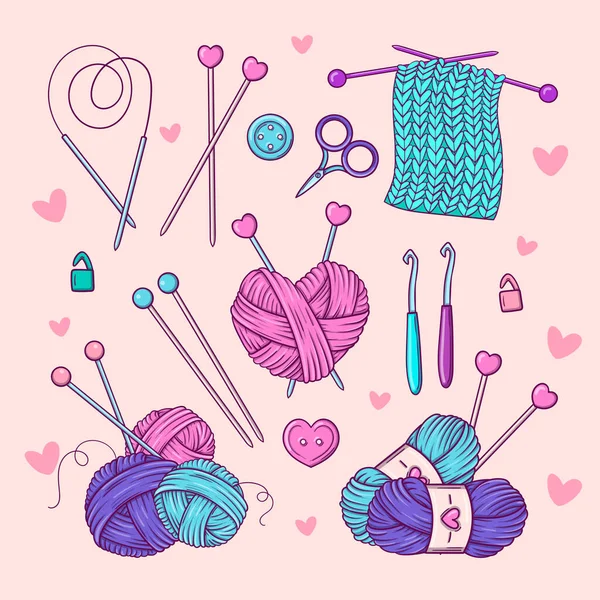 Feito à mão. Conjunto de elementos para costura, tricô e artesanato de mão em estilo doodle —  Vetores de Stock