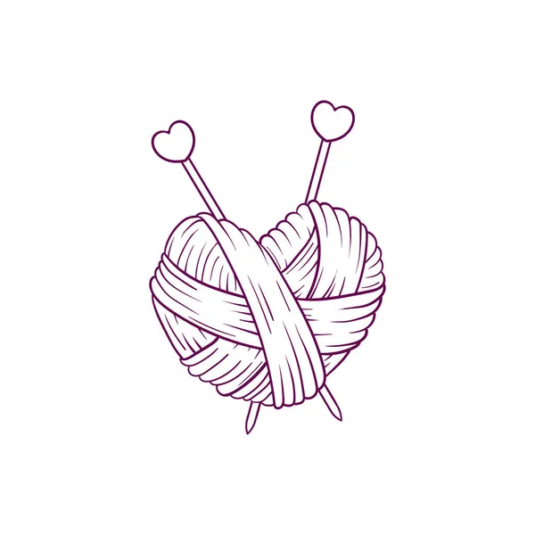 Espinha em forma de coração desenhada à mão de fios com agulhas de tricô no estilo doodle isolado no fundo branco — Vetor de Stock