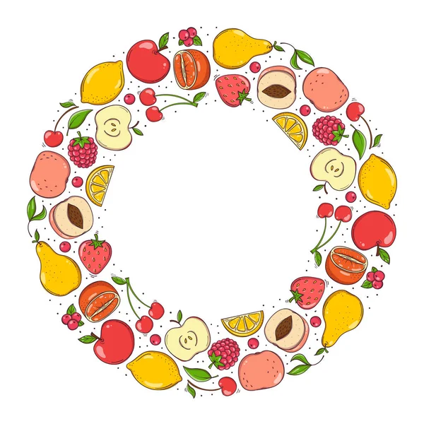 Hand drawn fruit and berries wreath isolated on white background — Stock Vector