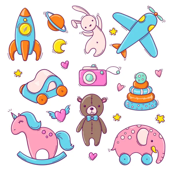 Elle çizilmiş renkli bebek oyuncakları beyaz arka planda izole edilmiş.