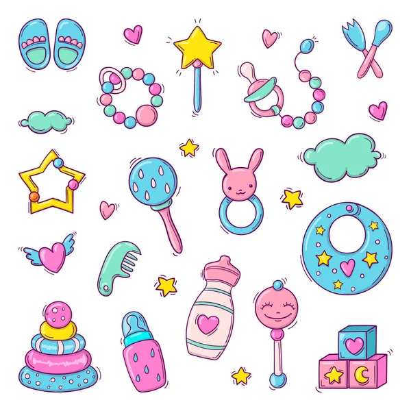 Set von handgezeichneten bunten Babyspielzeug im Doodle-Stil isoliert auf weißem Hintergrund — Stockvektor