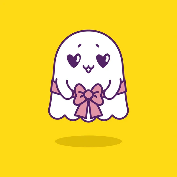 Χαριτωμένο φιλικό φάντασμα δεμένο με μια κορδέλα ως δώρο απομονώνονται σε κίτρινο φόντο — Διανυσματικό Αρχείο