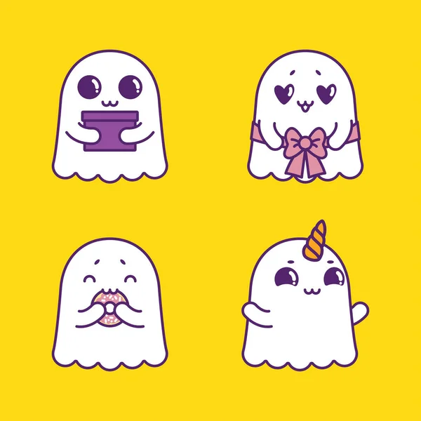 Set of cutie friendly ghosts isolated on yellow background — Διανυσματικό Αρχείο