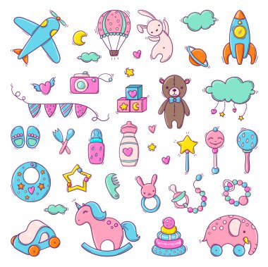 Elle çizilmiş renkli bebek oyuncakları beyaz arka planda izole edilmiş.