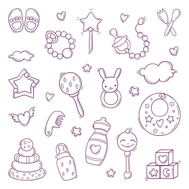 Elle çizilmiş renkli bebek oyuncakları beyaz arka planda izole edilmiş.