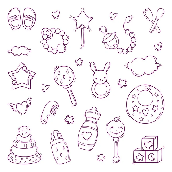 Set of hand drawn colorful baby toys in doodle style isolated on white background — Stock Vector