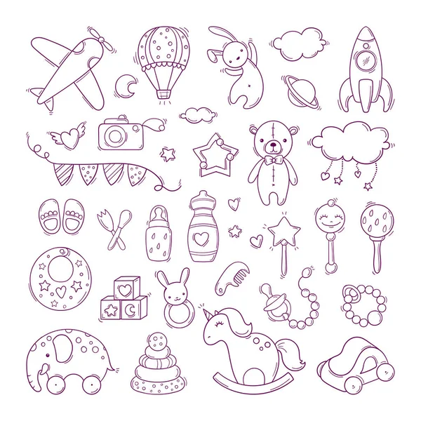 Ensemble de jouets pour bébés dessinés à la main dans un style doodle isolé sur fond blanc — Image vectorielle