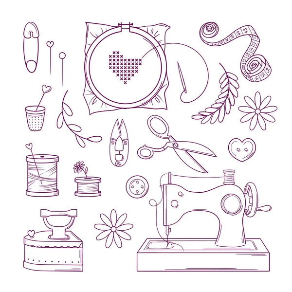 Conjunto de elementos para costura e artesanato à mão em estilo doodle. Feito à mão — Vetor de Stock