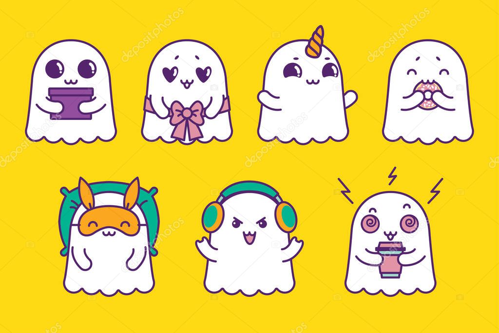Set of cutie friendly ghosts isolated on yellow background