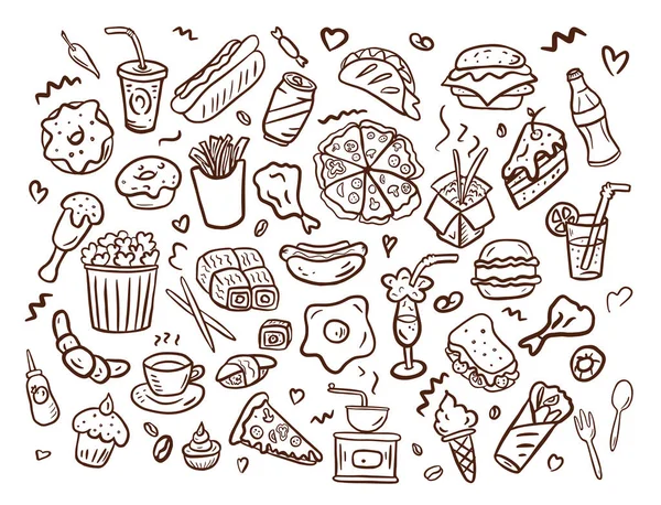 Set Von Fastfood Symbolen Handgezeichnet Doodle Stil Vektorgrafik Verschiedene Arten — Stockvektor